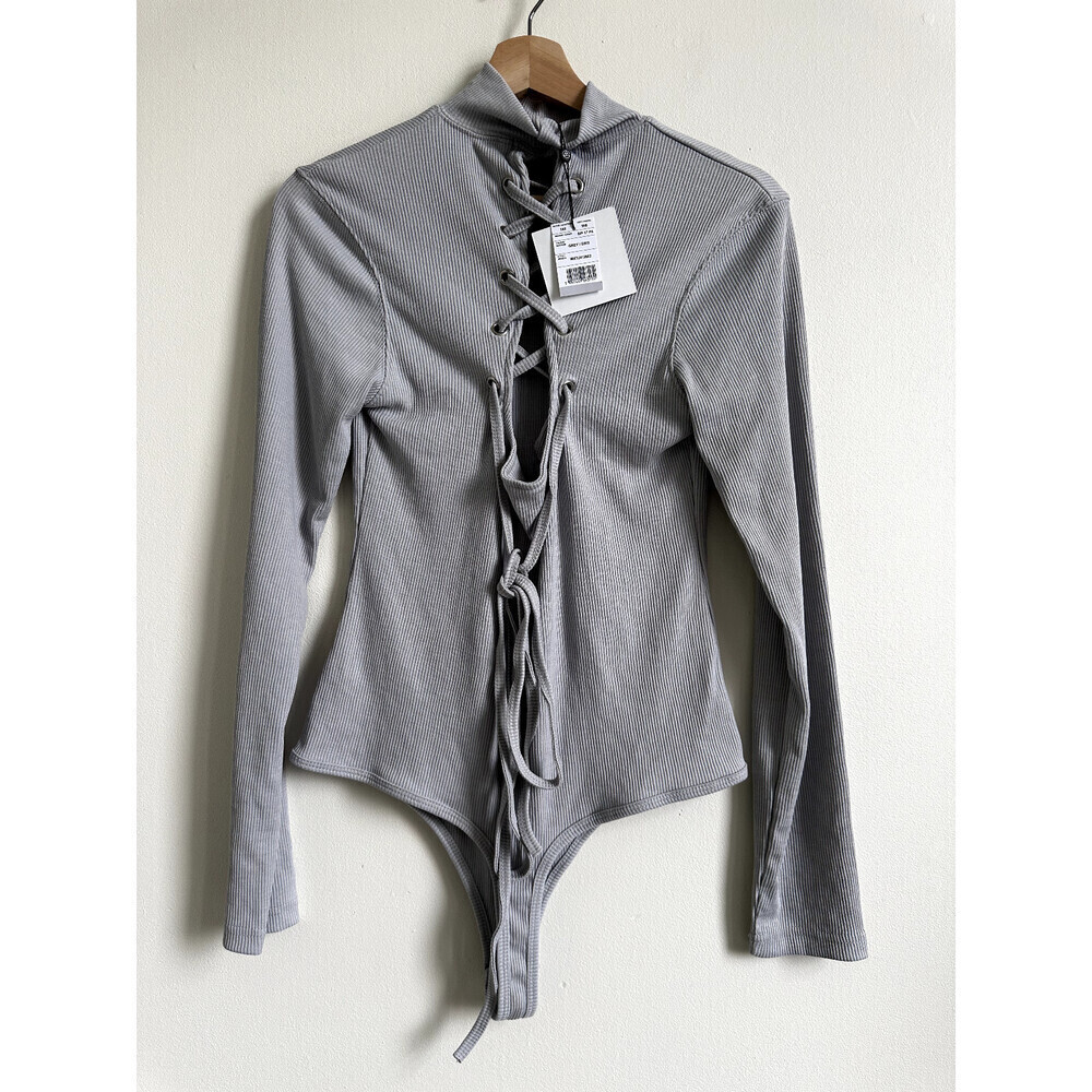 Missguided Women's Ribbed Lace-Up Back Bodysuit In Gray Size 10